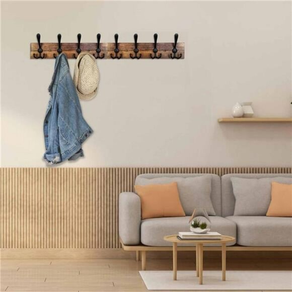 Rustic Wall Mounted Coat Rack with Hooks Wood Towel Hanger Entryway Shelf - Picture 2 of 8
